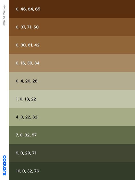 Green Brown Palette Color, Green Shades Colour Palettes, Dark Green And Brown Pallettes, Green Brown Color Palette Earth Tones, Muted Green And Brown Color Palette, Green And Brown Color Palette Hex Codes, Logos Color, Earth Tone Color Palette, Army Colors