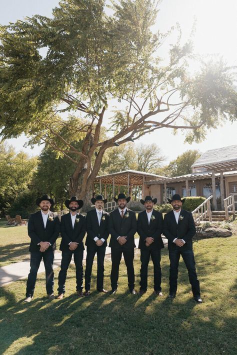 Cowboy Theme Wedding Outfit, Serious Wedding Poses, Wedding Ideas Groomsmen Attire, Black Suit With Cowboy Hat, Groom Attire With Boots, Cowboy Black Tie Attire, Charro Wedding Groomsmen, Men’s Wedding Western Wear, Black Suit With Cowboy Boots