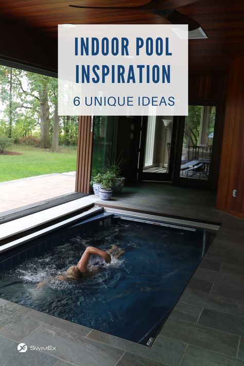 Thinking of installing an indoor pool? Check out these 6 innovative ideas. From the garage to the sunroom, homeowners are getting creative with indoor pool installations. Swim spas are a compact option that can easily be incorporated into any home, even if you're short on space. They also cost less to heat and maintain than traditional full-sized pools. Learn more about our small pools at swimex.com. Indoor Swimming Pool And Gym, Indoor Endless Pool Ideas, Indoor Plunge Pool Ideas, Indoor Swim Spa Ideas, Indoor Plunge Pool, Pool Room Ideas Swimming, Small Indoor Pool In Houses, Indoor Swimming Pools Home, Indoor Pools In Houses