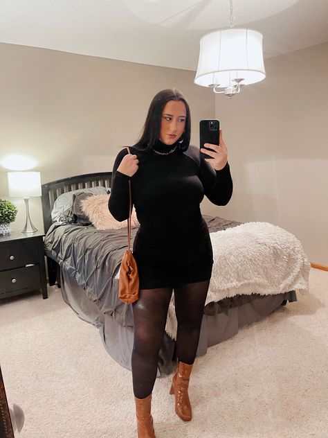 Bodycon Dress With Boots, Black Sweater Dress Outfit, Sweater Dress Outfit, Black Sweater Dress, Tan Boots, Aesthetic Tiktok, Dress Aesthetic, Fall Winter Wardrobe, Cute Fit