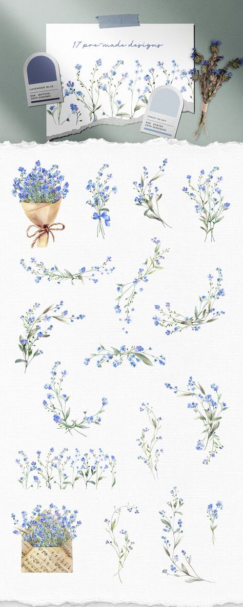 Forget Me Not Watercolor, Blue Floral Border, Blue Flowers Wedding, Forget Me Not Tattoo, Bouquet Tattoo, Invitation Clipart, Cerámica Ideas, Flowers Png, Png Floral