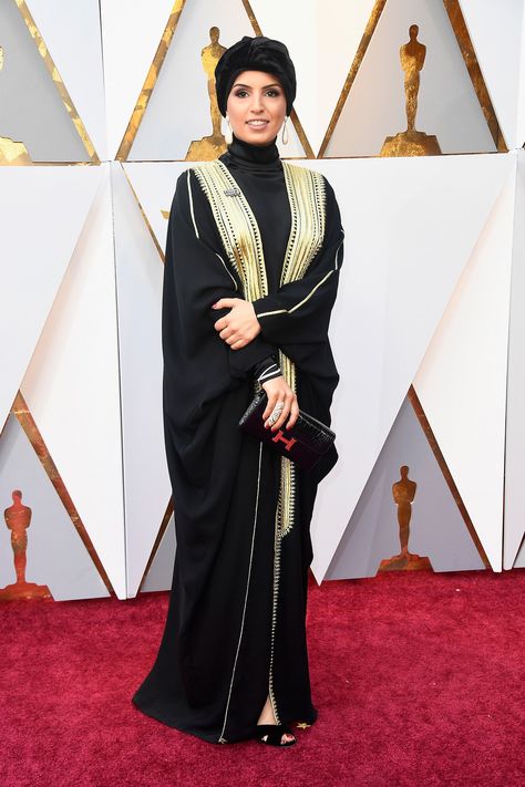 Fatma Al Remaihi. I don’t know the designer, but she looks GORGEOUS! Hijabi Red Carpet, Oscars Dresses, Academy Awards Red Carpet, Black Silk Shirt, Oscars Red Carpet, Ashley Judd, Red Carpet Beauty, Allison Williams, Eiza Gonzalez