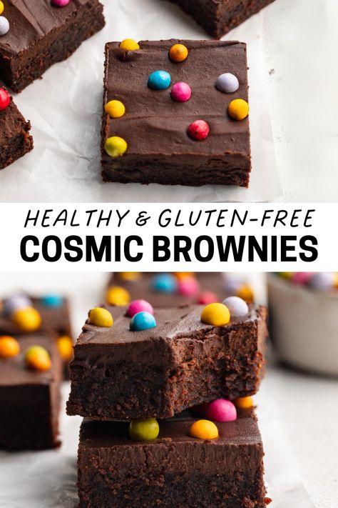 This recipe is an easy, one-bowl, 7-ingredient solution for gluten-free cosmic brownies! They're healthy, gluten-free, dairy-free, and can easily be made vegan or low-sugar. With its nostalgic appeal and rich chocolate flavor, it’s the perfect indulgent treat, still packed with better-for-you ingredients. Homemade Butterfingers, Brownies Healthy, Brownies Gluten Free, Almond Butter Brownies, Gluten Free Apple Crisp, Cosmic Brownies, Healthy Candy, Gluten Free Desserts Recipes, Gluten Free Recipes For Dinner