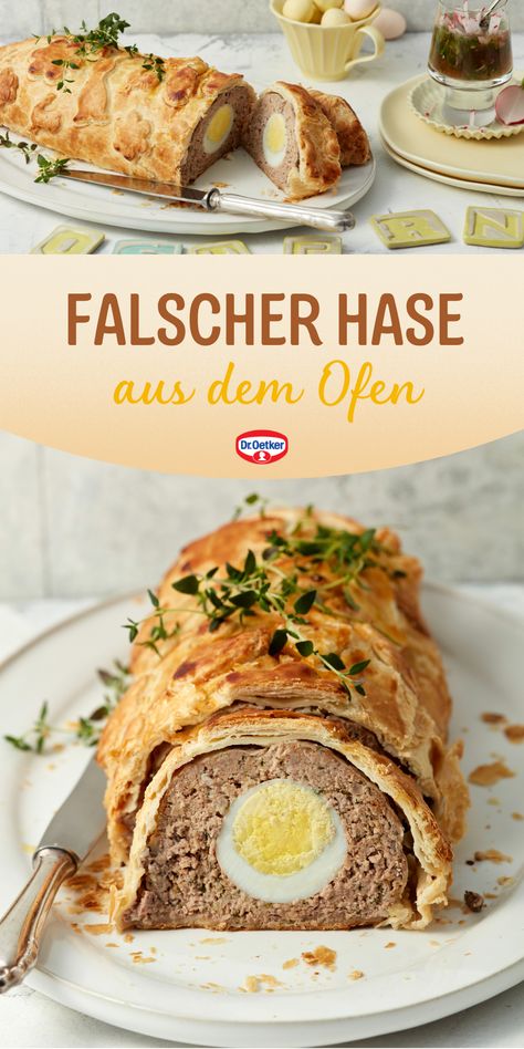 Dieses klassische Falsche Hasen Rezept mit saftigem Hackfleisch und gekochten Eiern lässt sich ganz einfach im Backofen zubereiten und schmeckt jedem. Dr. Oetker Rezepte, Oster Rezepte, falscher Hase Rezept, falscher Hase, falscher Hase Rezept Ofen, falscher Hase Rezept mit Ei, falscher Hase Rezept mti Soße, Osterbrunch Rezepte, Osterbrunch Menü, Osterbrunch Ideen, Osterbrunch Ideen herzhaft, Osterbrunch Rezepte zum Vorbereiten, Ostermenü Rezepte European Recipes, Meat Recipes, Fish Recipes, Food And Drink, Meat, Fish, Drinks