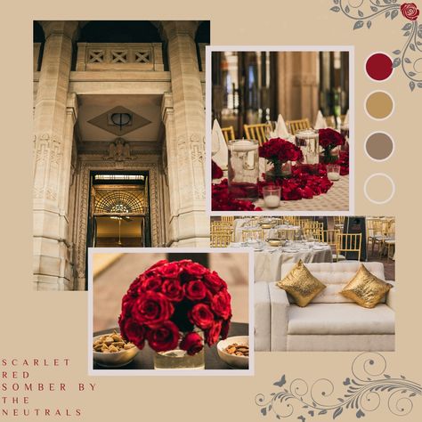 Make use of the imperial shades of red and gold in creating a grand look of the event. The palatial entrances with the metallic & red hues crowns the venue in its majestical mystique presenting a perfect aura to tie the knot. Red And Gold Mood Board, Royal Colour Palette, Royal Colors Palette, Red Indian Wedding, Royal Indian Wedding, Colour Mood, Red Gold Wedding, Meena Bazaar, Galaxy Wedding