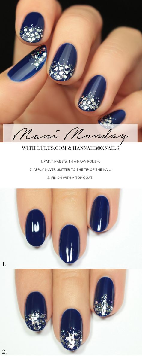 Mani Monday: Navy Blue and Silver Glitter Nail Tutorial at LuLus.com! Navy Nails, Navy Blue Nails, Silver Glitter Nails, Wedding Nail, Super Nails, Ideas Nails, Trendy Nail Design, Prom Nails, Holiday Nails