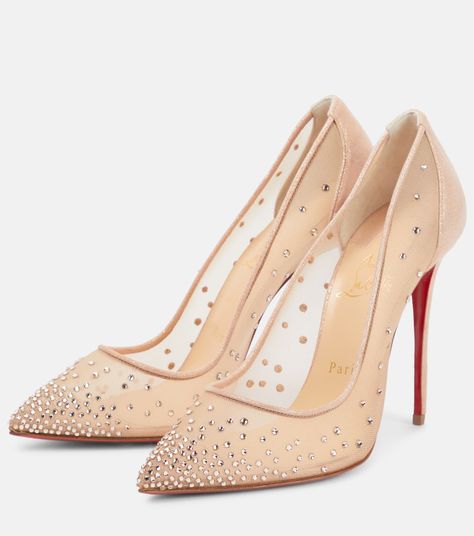 Follies Strass Embellished Mesh Pumps in Beige - Christian Louboutin | Mytheresa Louboutin Online, Grey Pumps, Light Silk, Red Louboutin, Wedding 2025, Silver Pumps, Louboutin Heels, Christian Louboutin Women, Pink Pumps