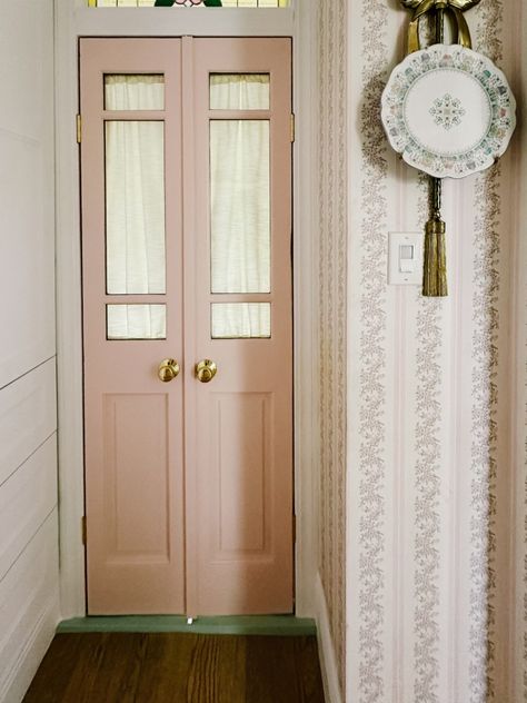 DIY French doors. How to make double doors from bifold doors or architectural salvage. Wood bathroom interior doors to save space and showcase a view Mini Double Doors, Small Double Doors For Bathroom, Bathroom Door For Small Bathroom, Bifold Door Bedroom, French Doors For Bathroom, Different Colored Doors Interior, Apartment Doors Interior, Bifold Door Into French Door, Small Double Doors Interior