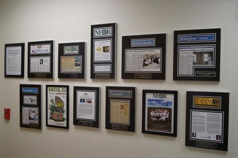 How to display newspaper or magazine articles with frames - we love how this company used a straight line down the middle and went off center - give more visual interest to the whole display Newspaper Article Display, Newspaper Display, Newspaper Frame, Newspaper Wall, Coin Display, Newspaper Article, In The News, Magazine Articles, Straight Line