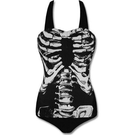 BANNED SKELETON BONES SWIMSUIT ($19) ❤ liked on Polyvore featuring swimwear, one-piece swimsuits, swim, shirts, swimsuits, tops, one piece swimsuit, skeleton swim suit, skeleton bathing suit and swim costume Summer Goth, Skeleton Bones, Psychobilly, Swimming Costume, Rib Cage, Black & White, Pastel Goth, Beach Wear, Goth Fashion