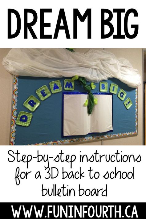 Step by step instructions for a DIY back to school� Book Bulletin Board, Hallway Bulletin Boards, White Plastic Table, 3d Book, Blue Wrapping Paper, Diy Back To School, Back To School Bulletin Boards, Classroom Freebies, Book Pins