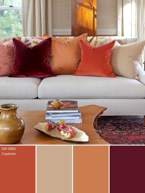 14 Ways to Decorate With Cayenne Orange | HGTV Cayenne, Orange, Living Room, Pillows, Red, Furniture, Color