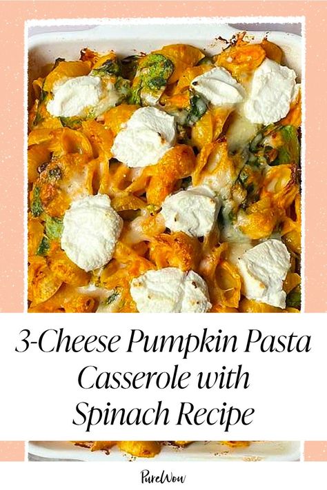 This 3-cheese pumpkin pasta casserole with spinach is creamy, comforting and easy to bake up in a single dish. Casserole With Spinach, Pumpkin Alfredo Sauce, Cauliflower Rice Casserole, Spinach Pasta Bake, Easy To Bake, Spinach Casserole, Red Pepper Pasta, Pasta Sauce Homemade, Spinach Recipe