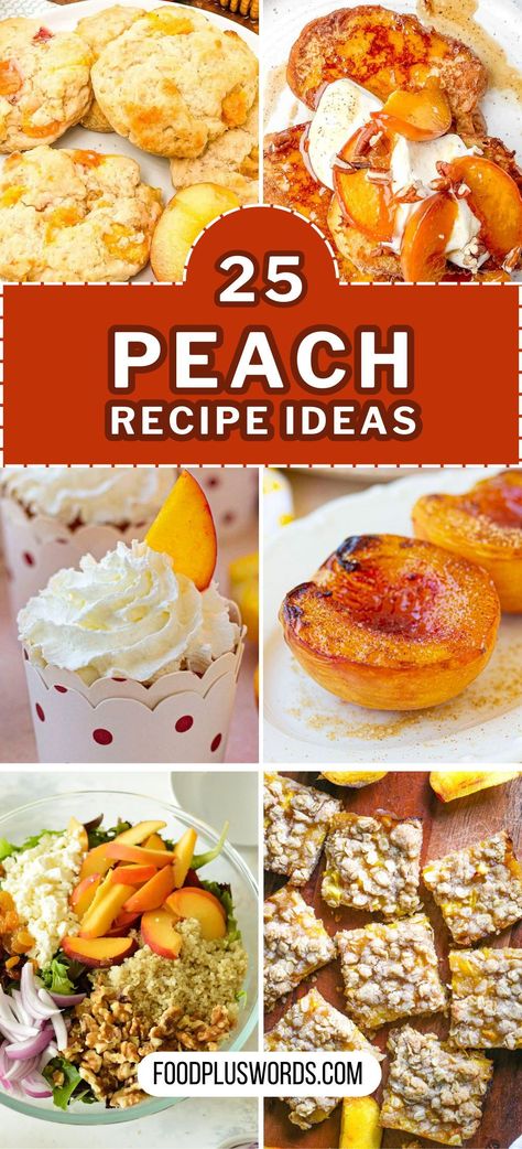 These peach recipes can help you enjoy your favorite cakes, salads, ice cream, bread and oats like never before. Enjoy these fruits today and take a delicious step towards a happier, healthier you! Peaches are perfect summer fruits, right up there with berries. They deserve a spot in our summer parties and daily meals. But they’re not only for desserts. You can also toss them into salads or even pair them with chicken all year round! Peaches And Ice Cream Desserts, Peach Theme Food Ideas, Peach Food Ideas, Peach Party Ideas, Recipes With Peaches, Recipe Ideas For Dinner, Ice Cream Bread, Fresh Peach Recipes, Cream Bread