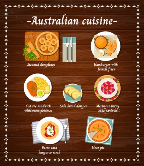 Australian Cuisine Food Menu Dishes Restaurant #Ad #Food, #Cuisine, #Australian, #Restaurant Kangaroo Steak, Australia Restaurant, Australia Activities, Australian Restaurant, Restaurant Meals, Pavlova Cake, Restaurant Ad, Sweet Potato Cake, Steamed Dumplings