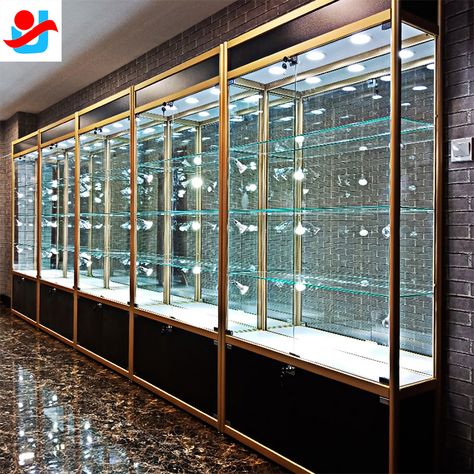 Mirror back glass display case Show Case Design On Wall, Handbag Glass Cabinet, Showcase Glass Design, Jewelry Display Case Retail, Glass Racks Shelves, Glass Showcase Design, Glass Display Cabinet Ideas, Glass Cupboard Design, Bearbrick Display