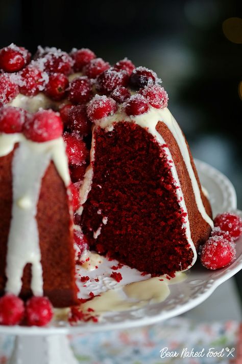 Red Velvet Bundt cake with Cream Cheese Glaze | Bear Naked Food Red Velvet Log Cake, Red Velvet Bundt Cake From Scratch, Red Velvet Yule Log Recipe, Red Velvet Cream Cheese Bundt Cake, Red Velvet Wreath Cake, Red Velvet Christmas Desserts, Red Velvet Bundt Cake With Cream Cheese, Red Velvet Cake Design Birthdays, Christmas Red Velvet Cake