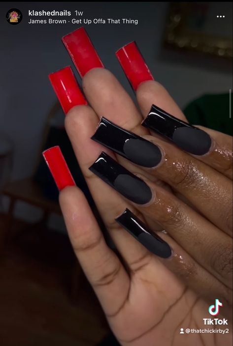 Red Bottom Valentine Nails, Bad And Boujee Nails Medium, Black Matte Nails Red Underneath, Matte Black Nails Red Bottoms, Red And Black Medium Nails, Matte Black Red Bottom Nails, Red And Black Tapered Square Nails, Red And Black Nails Acrylic Coffin Long, Black People Nails