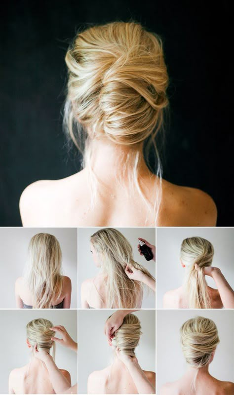 Easy DIY wedding hairstyles from @offbeatbride Twist Updo Hairstyles, Simple And Beautiful Hairstyles, Wedding Guest Hair, French Twist Updo, Twist Updo, French Roll, Hairstyles Diy, Diy Wedding Hair, Guest Hair