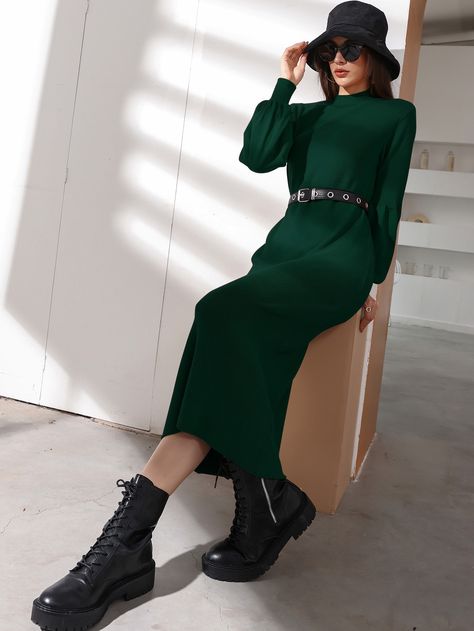 Dark Green Casual  Long Sleeve Acrylic Plain   High Stretch Fall/Winter Women Knitwear Dark Green Dress Outfit Casual, Outfits Verde, Maxi Dress Outfit Casual, Green Dress Outfit, Green Sweater Dress, Dark Green Dress, Winter Skirt Outfit, Maxi Dress Outfit, Winter Dress Outfits