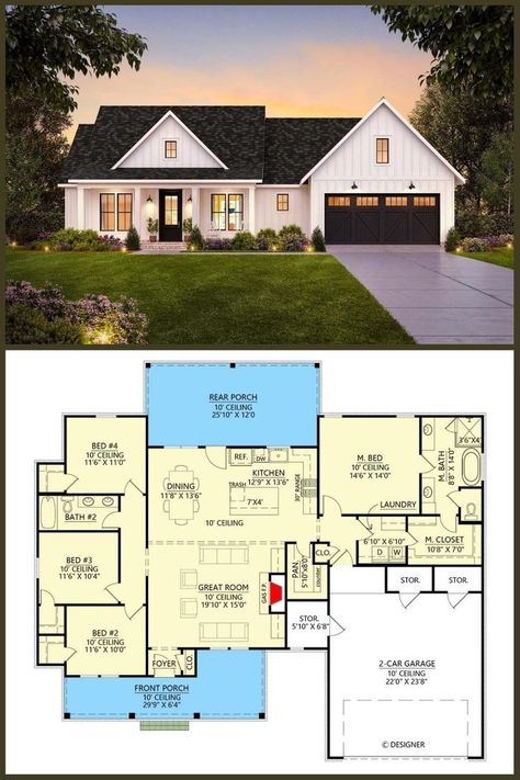 Single Story Modern Farmhouse, Porch Floor Plan, Modern Mountain House, Porch Floor, 4 Bedroom House Plans, Farmhouse Style House Plans, Porch Flooring, Modern Mountain, House Plans Farmhouse