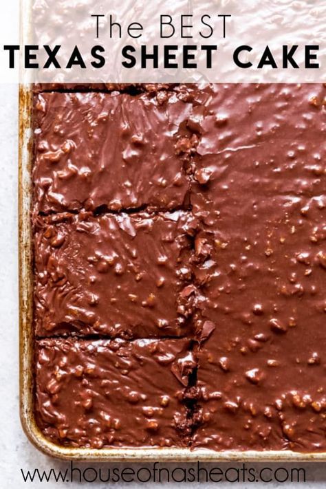 This chocolate Texas Sheet Cake recipe is a potluck favorite that is baked in a single sheet pan! The light and fluffy cake base is topped with a poured chocolate icing that you can make with or without pecans for extra texture and crunch! #texas #sheetcake #chocolate #homemade #fromscratch #recipe #easy #withpecans #nuts #dessert #sheetpan Texas Sheath Cake Recipe, Texas Sheet Cake Without Buttermilk, The Best Texas Sheet Cake, Chocolate Cake With Nuts Recipe, Texas Sheet Cake Icing Recipe, Texas Sheet Cake With Cinnamon, Texas Cake Recipe, Chocolate Sheet Cake Texas, Texas Sheet Cake Icing