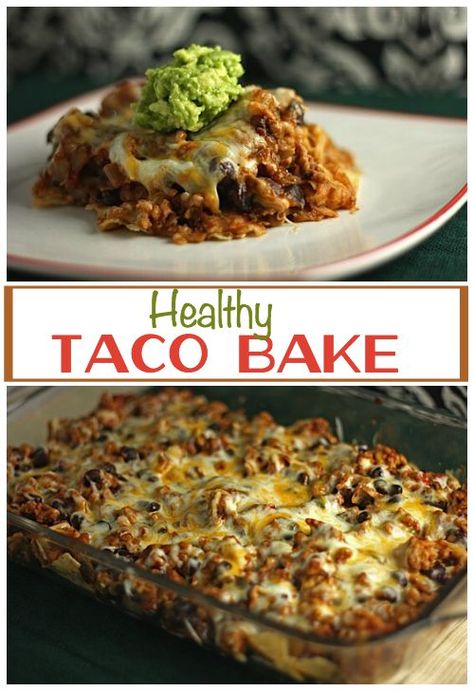 Healthy taco casserole tastes just like nachos! This is one of our go-to easy dinners. (Weight watchers friendly) Healthy Taco Bake, Healthy Taco, Taco Bake, Ground Chicken Recipes, Healthy Tacos, Taco Casserole, Healthy Casseroles, Ground Turkey Recipes, Healthy Delicious