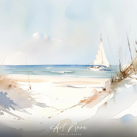 Watercolor Beach Painting, Tranquil Artwork, Whimsical Art Paintings, Watercolor Beach, Beach Watercolor, Watercolor Landscape Paintings, Clear Sky, By The Beach, Pastel Colours