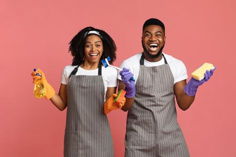 Domestic Cleaning Team. Portrait Of Professional Cleaners Couple Posing With Household Supplies. Domestic Cleaning Team. Happy Black Man And Woman Professional stock photography Happy Black Man, Team Portrait, White Background Portrait, Domestic Worker, Domestic Cleaning, Freckles Girl, Happy Black, Professional Cleaners, Black Person