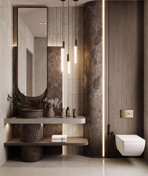 Minimalist Washroom Interior Design, Hotel Bathroom Design Modern, Small Washroom Interior Design, Cool Small Bathrooms, Mirror Designs For Bathrooms, White Marble Wood Bathroom, Cool Bathroom Sinks, Guest Wc Design, Powder Washroom Ideas