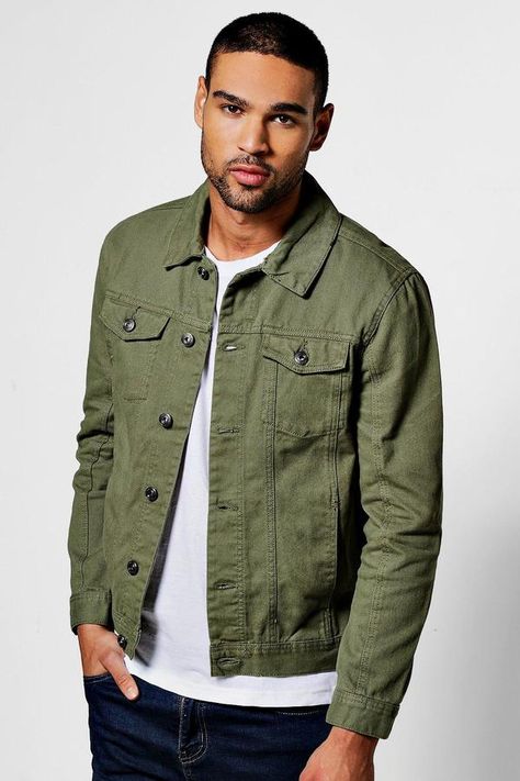 boohoo Khaki 4 Pocket Denim Jacket Olive Denim Jacket Outfit Men, Combat Jacket Outfit Men, Olive Green Denim Jacket Outfit Men, Mens Green Jacket Outfit, Green Jacket Men Outfits, Green Denim Jacket Outfits Men, How To Style Green Jacket, Olive Jacket Outfit Men, Olive Green Jacket Outfit Men