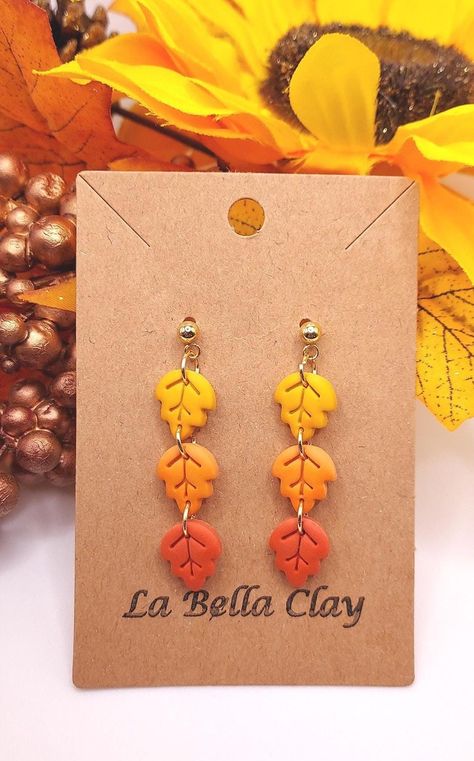 *Handmade Fall Ombre Leaves Polymer Clay Earrings | Polymer Clay Earrings | Lightweight | Hypoallergenic | Fall, Autumn Earrings                                                                                                                                 *A perfect gift for any special occasion. Each earring is 100% handmade and made in small batches. Each pair is unique, and cannot be identically replicated. Slight variation may occur between each pair of earrings. Earrings are also assembled with high-quality nickel-free hypoallergenic hardware, which makes it comfortable for sensitive ears as well.   *EARRING CARE:  -Please do NOT wear the earrings in contact with water to prevent damage. -When not wearing, place the earrings in a separate container to prevent the surface from being s Fall Polymer Clay Earrings, Fall Clay Earrings, Fall Ombre, Autumn Earrings, Homemade Halloween Decorations, Earrings Polymer, Homemade Halloween, Earring Ideas, Fall Earrings