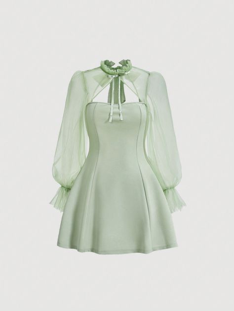 Mint Green Elegant Collar Long Sleeve Woven Fabric Plain A Line Embellished Non-Stretch  Women Clothing Mint Outfits, Mint Green Outfits, Gathered Dress, Korean Fashion Dress, Green Outfit, Mesh Dress, Model Dress, Colorful Leggings, Denim Women