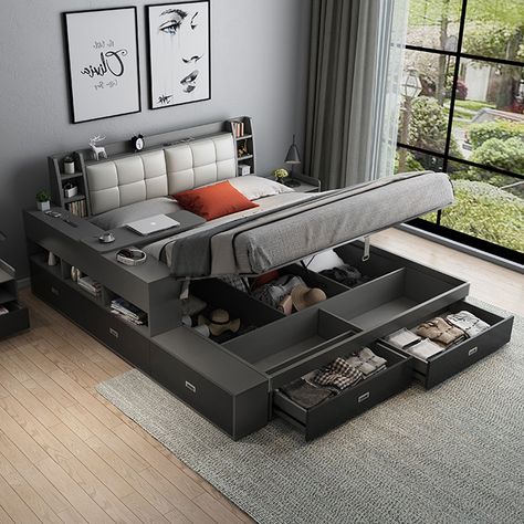 Modern Double Beds, Bedroom Sets Furniture Queen, Modern Style Bed, Black Furniture Living Room, Tatami Bed, Wooden Bed Design, Bed Modern, Bed Design Modern, King Size Bed Frame