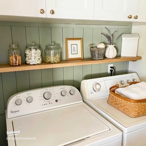 Making laundry less of a chore ✨ | Gallery posted by Terra | Lemon8 Upgrade Small Laundry Room, Hanging Bar In Laundry Room, Paint Color Ideas For Laundry Room, Green Accent Wall Laundry Room, Laundry Room Panel Wall, Green Farmhouse Laundry Room, Green Wall Laundry Room, Laundry Room Ideas Sage Green, Vertical Shiplap Laundry Room