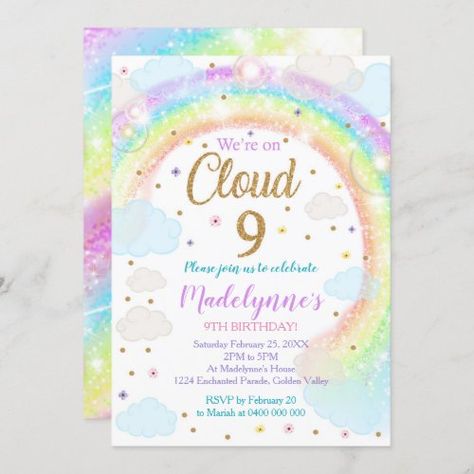 Cloud 9 Invitation, Cloud 9 Party, Clouds Invitation, Cloud 9 Birthday, Girls 9th Birthday, Cloud Party, Rainbow Invitations, Rainbow Clouds, 9th Birthday Parties