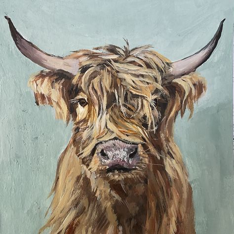 Highland cow Simple Highland Cow Painting, Highland Cow Painting Tutorial, Cow Painting Tutorial, Highland Cow Painting Easy, Cow Portrait, Highland Cow Painting, Underwater Portrait, Western Paintings, Pastel Paintings