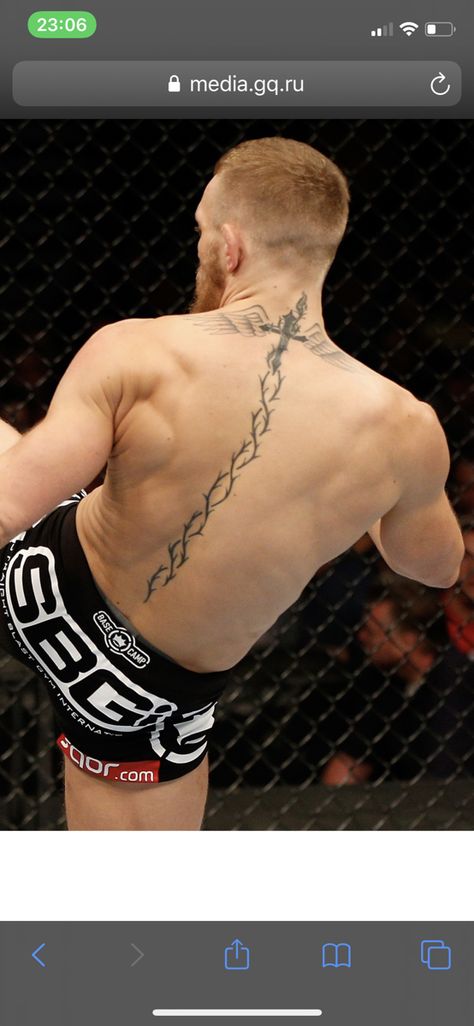 Back Tattoo Writing Man, Ufc Tattoo Ideas, Mcgregor Back Tattoo, Spinal Tattoo For Men, Back Tats Men, Men Spine Tattoo, Conor Mcgregor Back Tattoo, Back Tattoos For Guys Spine, Spine Tattoo Men