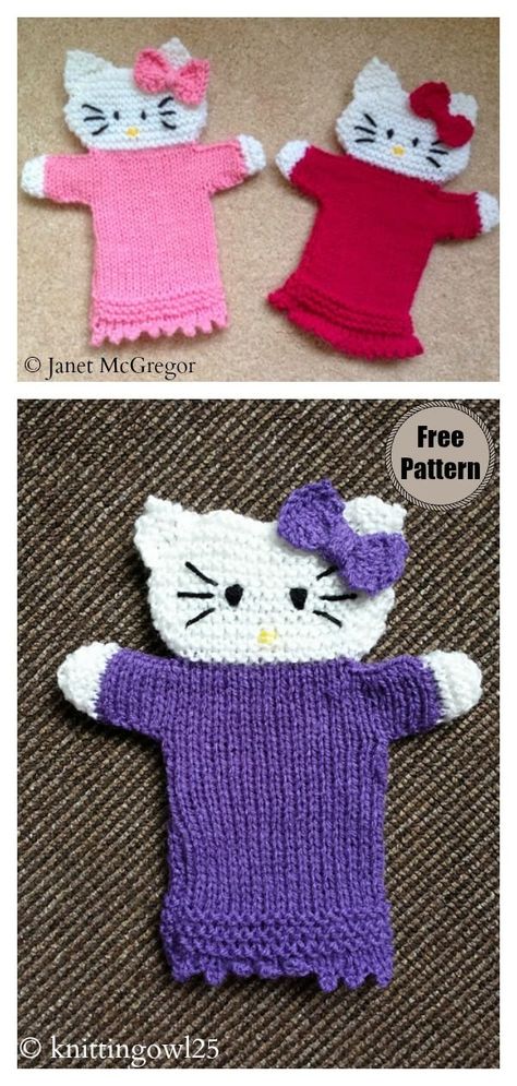 Hello Kitty Hand Puppet Free Knitting Pattern Knitted Hand Puppets, Hello Kitty Knitting Pattern, Bunny Rabbit Crafts, Knitting Bear, Cat Knitting, Crochet Critters, Animal Hand Puppets, Cupcake Hats, Finger Puppet Patterns