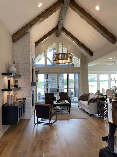 Vaulted Ceiling Off Center Fireplace, Dark Wooden Ceiling, Floating Beams Vaulted Ceiling, New Build Interior Design, Rustic Vaulted Ceiling, Vaulted Ceiling Windows, Sunroom Ceiling, Farmhouse 2023, Vaulted Ceiling Beams