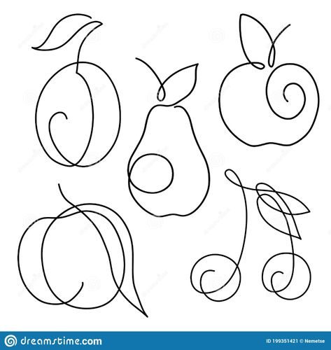 Apple One Line Drawing, Cherries Black And White, Fruit Line Illustration, Minimalist Apple Tattoo, One Line Drawing Tutorials, Plum Drawing, Fruit Line Drawing, Peach Line Art, Pear Tattoo