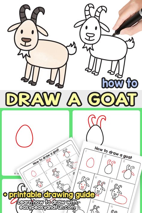 How to Draw a Goat Step by Step Tutorial How To Draw A Goat Step By Step, How To Draw Farm Animals Step By Step, How To Draw Farm Animals, How To Draw A Goat, Goat Drawing Easy, Draw A Goat, Goat Craft, Goat Drawing, Procreate Designs