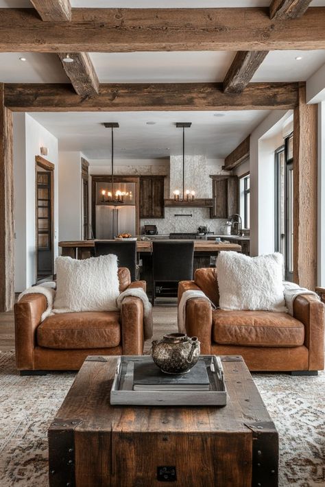 29 Rustic Living Room Ideas for a Cozy and Country-Inspired Look 28 Southern Industrial Decor, Exposed Trusses Living Room Wood, Modern Rustic Living Room Furniture, European Rustic Living Room, Small Rambler Living Room Ideas, Cozy Wood Interior, Montana Inspired Living Room, Jackson Hole Home Interior, Living Room With Dark Beams