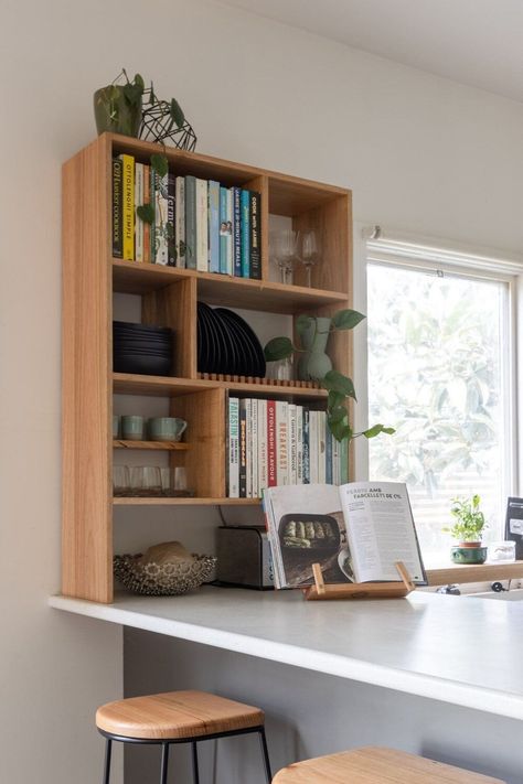 Kitchen Open Shelving, Kitchen Bookshelf, Timber Kitchen, Diy House Renovations, Kitchen Open, Plate Rack, Timber Furniture, Kitchen Diner, Kitchen Shelves