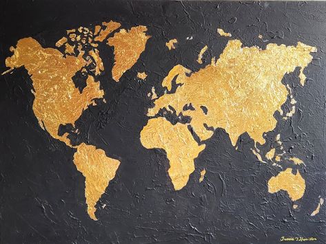 Continents Of The World, World Map Painting, Gold World Map, Blue Abstract Wall Art, Palette Knife Art, World Map Art, Map Wall Decor, Map Of The World, World Map Wall Art