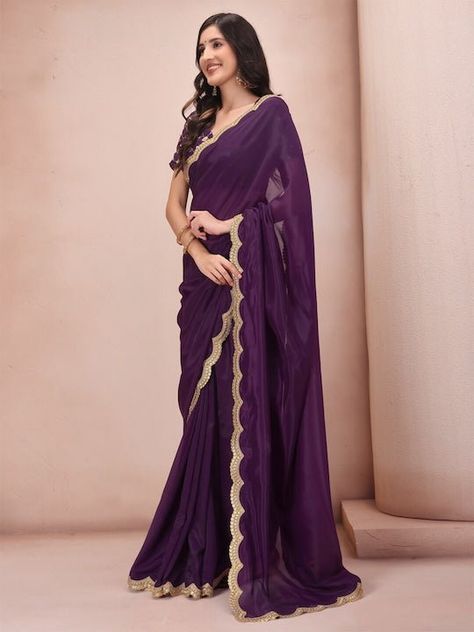 Purple & Gold-Toned Embroidered Organza Saree - Inddus.com Purple Saree With Black Blouse, Purple And Gold Saree, Purple Saree Look, Plum Saree, Modest Saree, Dark Purple Saree, Purple Sarees, Kajol Saree, Female Photography