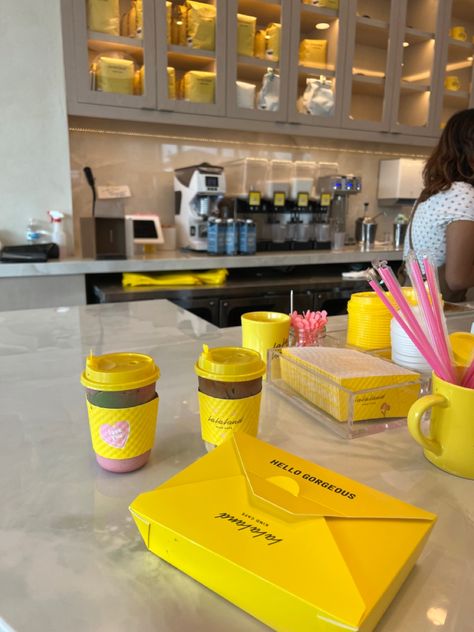 Yellow Bakery Aesthetic, Yellow Coffee Shop Aesthetic, Yellow Coffee Aesthetic, Yellow Cafe Aesthetic, Retro Coffee Shop Aesthetic, Groovy Coffee Shop, Yellow Cafe Interior, Lemonade Stall, Yellow Coffee Shop