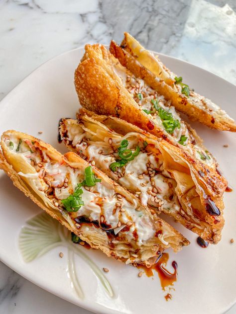 Crab Rangoon Egg Rolls - Cook With Dana Lobster Egg Rolls, Rolled Dumplings Recipe, Crab Rangoon Egg Rolls, Cream Cheese Rangoons, Crab Eggs, Rangoon Recipe, Crab Rangoon Recipe, Deep Fried Recipes, Shrimp Toast