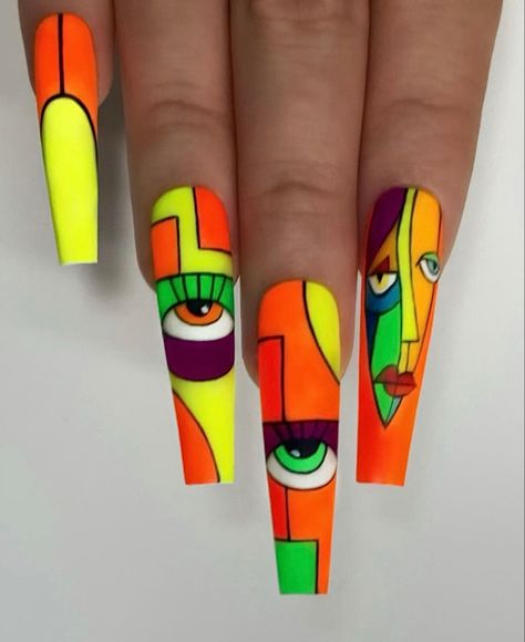 Pop Art Nails Designs, Neon Glitter Nails, Fingernails Painted, Cat Nail Art, Pop Art Nails, Neon Acrylic Nails, Chrome Nails Designs, Acrylic Nail Set, Sassy Nails