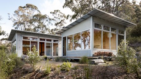 An Owner-Designed, Off-Grid Escape In Bay Of Fires Ranch Remodel Before And After, Ranch Remodel Exterior, Industrial Exterior, Ranch House Remodel, Modern Outdoor Spaces, Ranch Remodel, Modern Ranch, Fireplace Remodel, Exterior Remodel